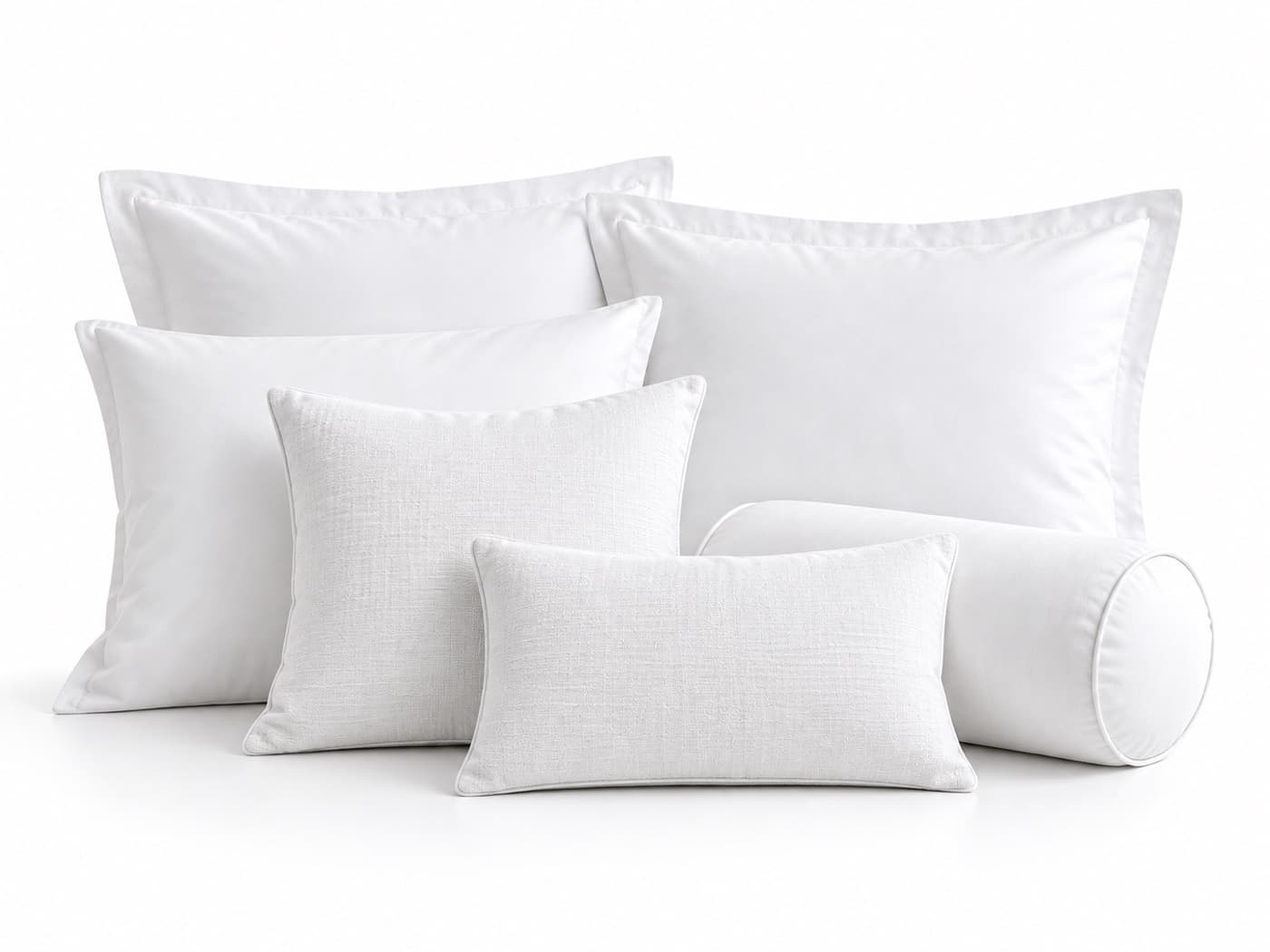 White pillows and cushions in several sizes, including a bolster